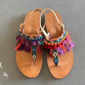 Elina Linardaki size 39 multicolored leather fringe flat sandals.